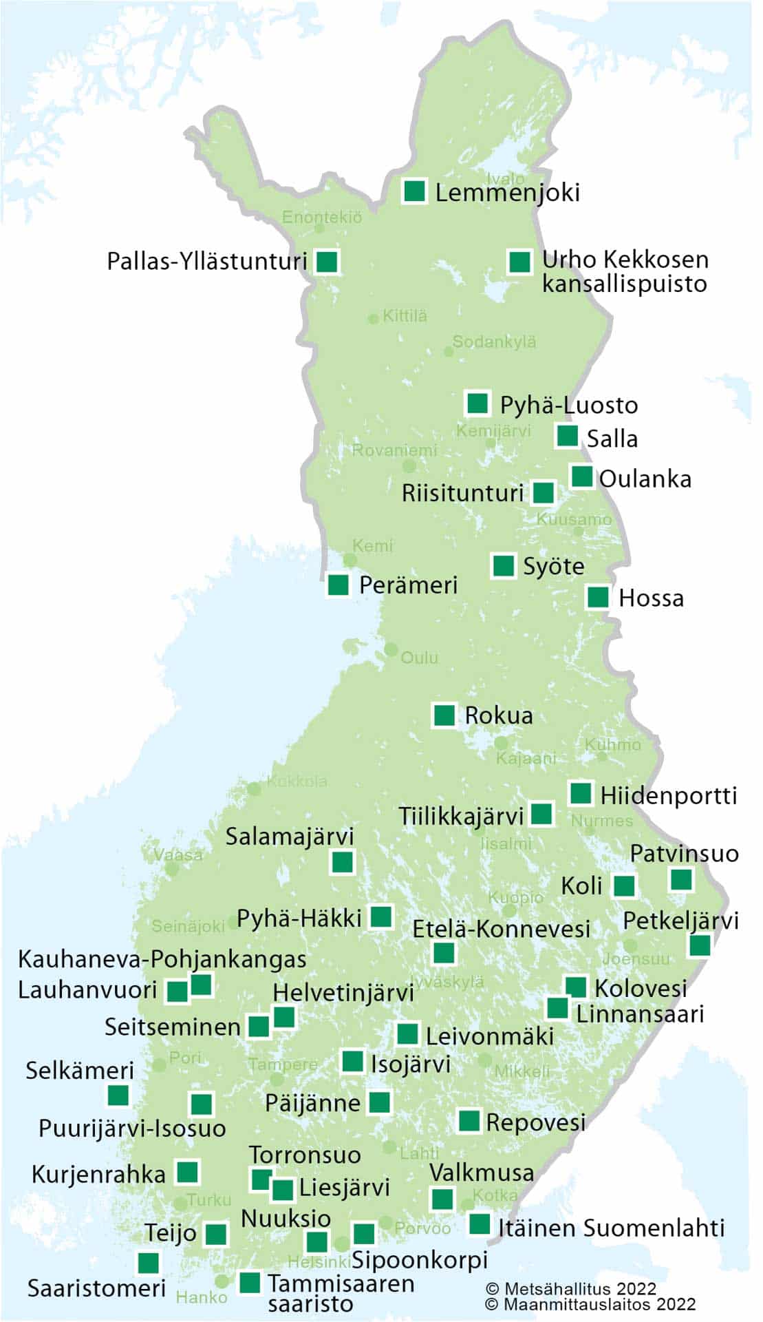 Kaikki Suomen kansallispuistot kartalla